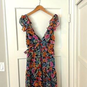 Aqua Bloomingdale’s Womens Black Floral Plunge Neck Maxi Dress Size Large